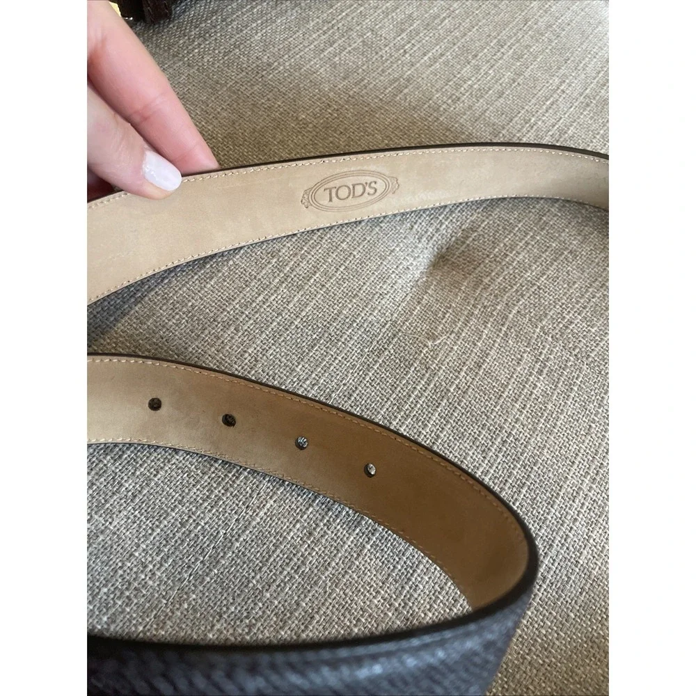 Tod's Belt Men 28 Italian Leather textured  Brown  Silver Roller